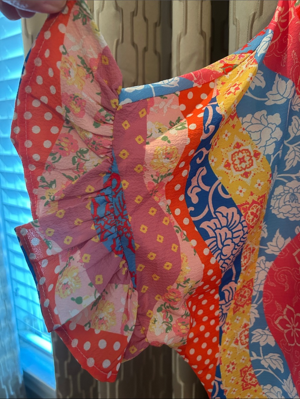 Umgee Multicolor Patchwork V-Neck Blouse in Pink, Blue, Red, Yellow & Cream - Picture 3 of 6